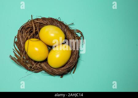 Multi-colored chicken eggs. Easter holiday. Spring. Decor Stock Photo