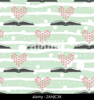 Seamless pattern with open romance genre book and heart above it. Flat Design. Vector Illustration Stock Vector
