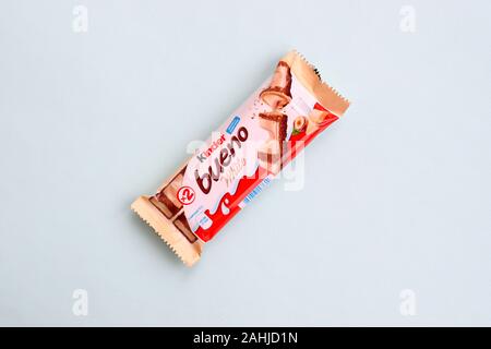 NY, USA - DECEMBER 15, 2019: Kinder Bueno white chocolate is a confectionery product brand line of Italian confectionery multinational manufacturer Fe Stock Photo