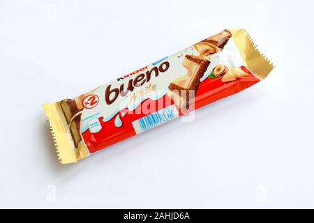 NY, USA - DECEMBER 15, 2019: Kinder Bueno white chocolate is a confectionery product brand line of Italian confectionery multinational manufacturer Fe Stock Photo