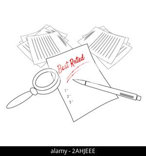 Review, analysis and rating process concept. Line art vector illustration of piles papers, one sheet with best rated text, pen and magnified glass. Im Stock Vector