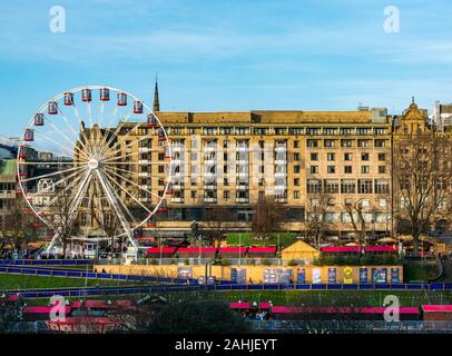 Princes Street Gardens Christmas market with the Big Wheel or ferris wheel, Edinburgh, Scotland, UK Stock Photo