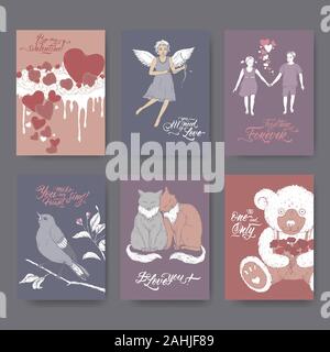 Six A4 format color Valentine romantic cards with teddy bear, cake, two cats, cupid, boy and girl, bird and lettering. Stock Vector