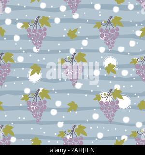 Seamless pattern with bunches of ripe grapes on dark background. Flat Vector Illustration Stock Vector
