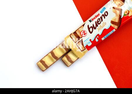 NY, USA - DECEMBER 15, 2019: Kinder Bueno white chocolate is a confectionery product brand line of Italian confectionery multinational manufacturer Fe Stock Photo