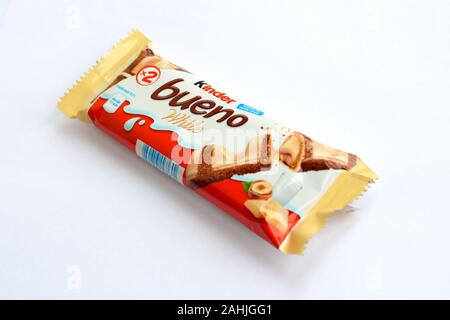 NY, USA - DECEMBER 15, 2019: Kinder Bueno white chocolate is a confectionery product brand line of Italian confectionery multinational manufacturer Fe Stock Photo