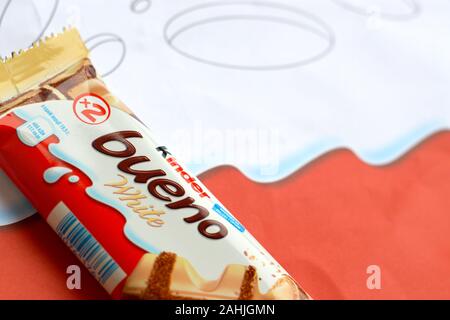 NY, USA - DECEMBER 15, 2019: Kinder Bueno white chocolate is a confectionery product brand line of Italian confectionery multinational manufacturer Fe Stock Photo