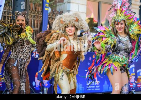 Covent Garden, London, 30th Dec 2019. The London New Year's Day Parade (or LNYDP) have chosen the vibrant Covent Garden Piazza for this year's preview event, showcasing several of their participating groups. The parade itself will start at 12 Noon on January 1st and proceed through central London. Credit: Imageplotter/Alamy Live News