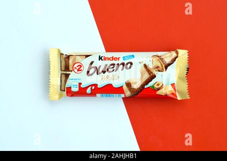 NY, USA - DECEMBER 15, 2019: Kinder Bueno white chocolate is a confectionery product brand line of Italian confectionery multinational manufacturer Fe Stock Photo