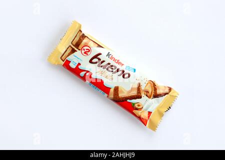 NY, USA - DECEMBER 15, 2019: Kinder Bueno white chocolate is a confectionery product brand line of Italian confectionery multinational manufacturer Fe Stock Photo