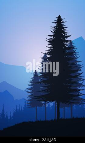 Natural Pine forest mountains horizon Landscape wallpaper  Silhouette tree Sunrise and sunset Illustration vector style Colorful background Stock Vector