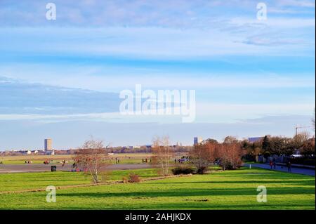 Berlin, Germany - December 29, 2019: View over the area of the former Tempelhof airport in the center of Berlin, which is now used as a recreation are Stock Photo