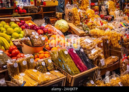 Beautiful decorated store fronts with traditional local products in Vytina village, Arcadia, Peloponnese, Greece. Stock Photo