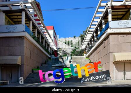 Plovdiv, Bulgaria - June 08, 2018: Cafe-Restaurant, steps and general information for becoming European Capital of Culture 2019 Stock Photo