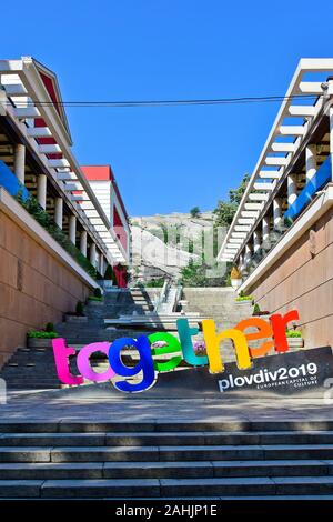 Plovdiv, Bulgaria - June 08, 2018: Waterfall, steps and general information for becoming European Capital of Culture 2019 Stock Photo