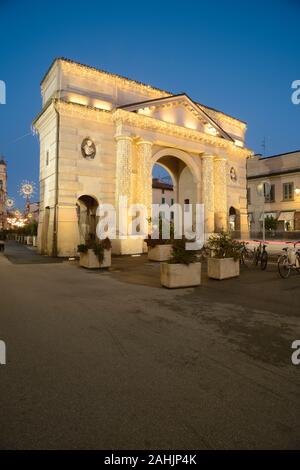 Italy, Lombardy, Crema, View of Porta Ombriano Gate, Christmas Lights Stock Photo