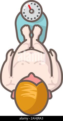 Overweight man standing on bathroom scales and blushing, top view illustration. Isolated color vector symbol for Weigh-In Day on January 6. Stock Vector