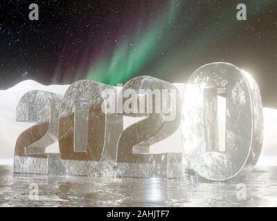 3D rendering of Icy 2020 date placed on ice surface against Aurora Borealis sky Stock Photo