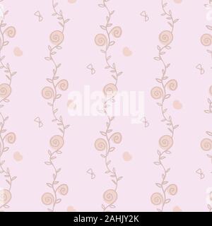 seamless vector pattern with doodle floral stripes, butterflies and hearts Stock Vector