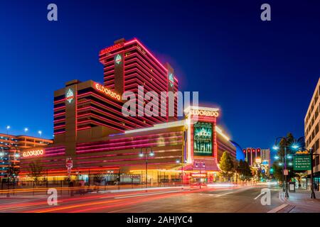 Eldorado Resort Casino in Reno Nevada USA at Dusk. It is a hotel and casino and opened in 1973. It is owned by Eldorado Resorts. Stock Photo