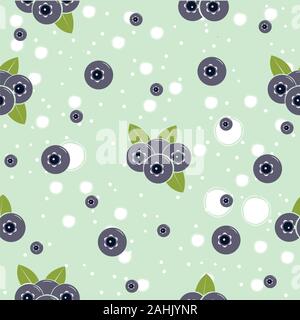 Seamless pattern with blueberries and leaves on white background. Flat vector Illustration Stock Vector