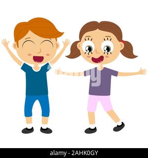 EPS10 vector file showing happy young kids with different skin colors, boys and girls laughing, hopping,  playing and having fun together Stock Vector