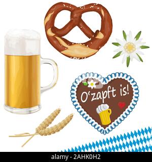 collection of typical illustrated Oktoberfest objects, beer, bretzel, wheat, Edelweiss flower and gingerbread heart for beer garden time 2019 Stock Vector