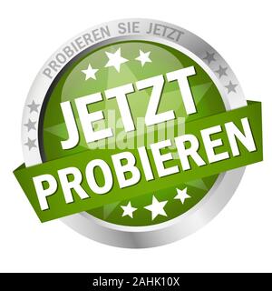 EPS 10 vector with round colored button with banner and text try now (in german) Stock Vector