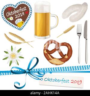 collection of typical illustrated Oktoberfest objects, beer, bretzel, gingerbread heart with text 'Oktoberfest 2019', Edelweiss flower, wheat, white s Stock Vector