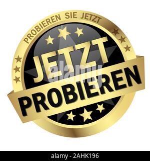 EPS 10 vector with round colored button with banner and text try now (in german) Stock Vector