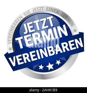 EPS 10 vector with round colored button with banner and text arrange meeting now (in german) Stock Vector