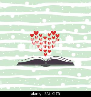 Open book icon with hearts shaped in bigger heart above it. Flat Design. For romance books. Vector Illustration Stock Vector