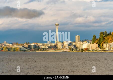 A view of condos at Alki Beach and the Seattle skyline. Stock Photo