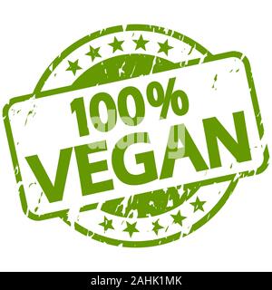 EPS 10 vector with round green colored grunge stamp with banner and text 100% vegan Stock Vector
