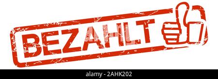 red grunge stamp with frame, big thumbs up and text PAID (in german) Stock Vector