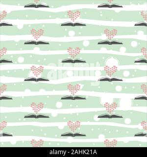Seamless pattern with open romance genre book and heart above it. Flat Design. Vector Illustration Stock Vector
