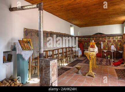 The simple interior the little 18th cen, church of Agios Athanasios in the village of Agios Germanos near Lake Prespa in the Prespes Municipality, Mac Stock Photo