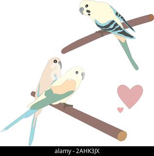 Set of three cute parrot birds sitting on branch. Flat Vector Illustration Stock Vector