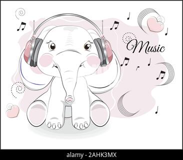 lovely drawn baby elephant calf, in earphones and notes. Picture in hand drawing style for baby shower. Greeting card, party invitation, fashion cloth Stock Vector