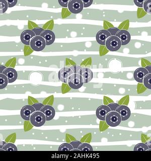 Seamless pattern with blueberries and leaves on dark background. Flat vector Illustration Stock Vector
