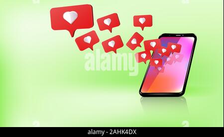 Likes are magnetic to the smartphone. Realistic phone on a green background. The concept of social network. Vector Stock Vector
