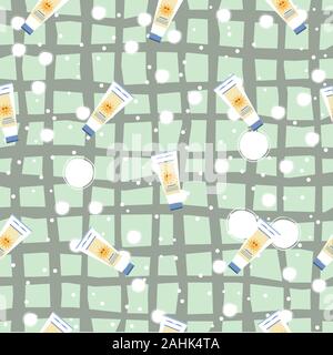 Seamless Pattern with sunscreen creams on black background. Vector Illustration Stock Vector