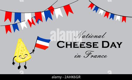 National cheese day in France. Postcard or banner for International Cheese Day. Cute cartoon cheesy character. Cheese with a face and a smile. . Stock Vector