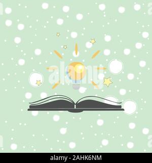 Open book vector icon with shining bulb over it. Colorful Flat design. Open book logo. Vector Illustration Stock Vector