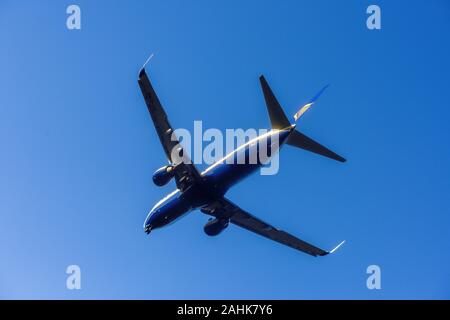 Ryanair Passenger Airline Prepares for Landing At East Midlands Airport, UK. Stock Photo