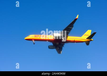 DHL Cargo Aircraft on approach to East Midlands Airport preparing to Land, UK. Stock Photo