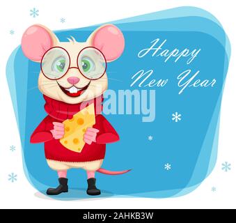 Happy New Year greeting card with funny rat in glasses. Cute cartoon character rat holding cheese. Vector illustration Stock Vector