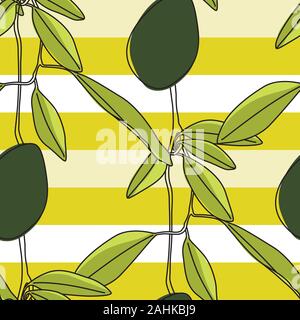 Artistic Vector Green Avocado Branches Seamless Pattern on Striped Background Stock Vector