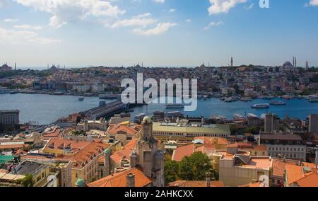 Istanbul, Turkey-September 9th 2019. A view of Istanbul from Galata Tower in Beyoglu looking towards Galata Bridge and Fatih, with Suleymaniye mosque Stock Photo