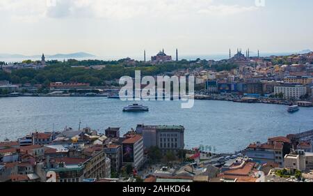 Istanbul, Turkey-September 9th 2019. View of Istanbul from Galata Tower looking towards Sultanahmet, with Topkapi Palace on left, Hagia Sofia right Stock Photo